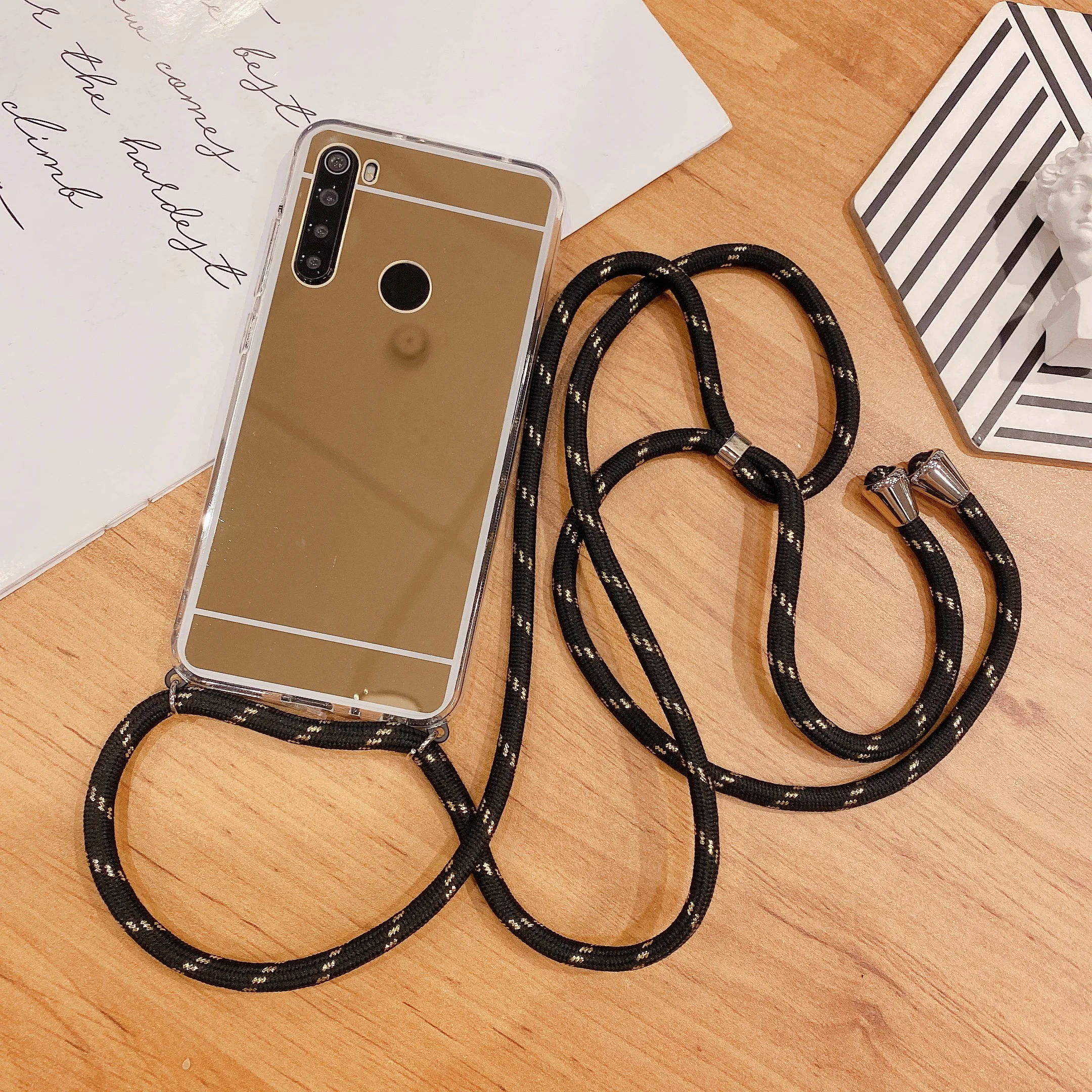 xiaomi leather case cosmos blue Plating Makeup Mirror Case for Xiaomi Redmi 4 5 6 7 8 9 6A 7A 8A S2 K20 K30 Pro Necklace Cord Chain Hanging Rope Crossbody Cover xiaomi leather case case