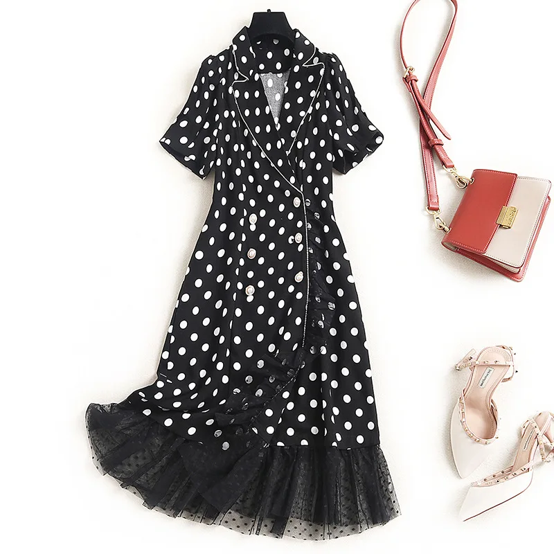 

Women polka dot black mesh sexy mermaid dress spring summer 2021 fahsion double breasted diamodns beading blazer dresses