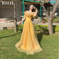 jeheth vintage yellow square neck tulle prom dresses boho 2022 a line short ruffles sleeves princess party gowns floor length