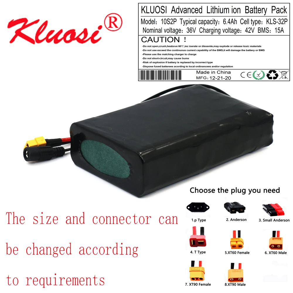 

KLUOSI 10S2P 36V 6.4Ah 6Ah 450W 42V Lithium Battery Pack with 15A BMS for Scooter Skateboard Electric Bicycle Electric Scooter