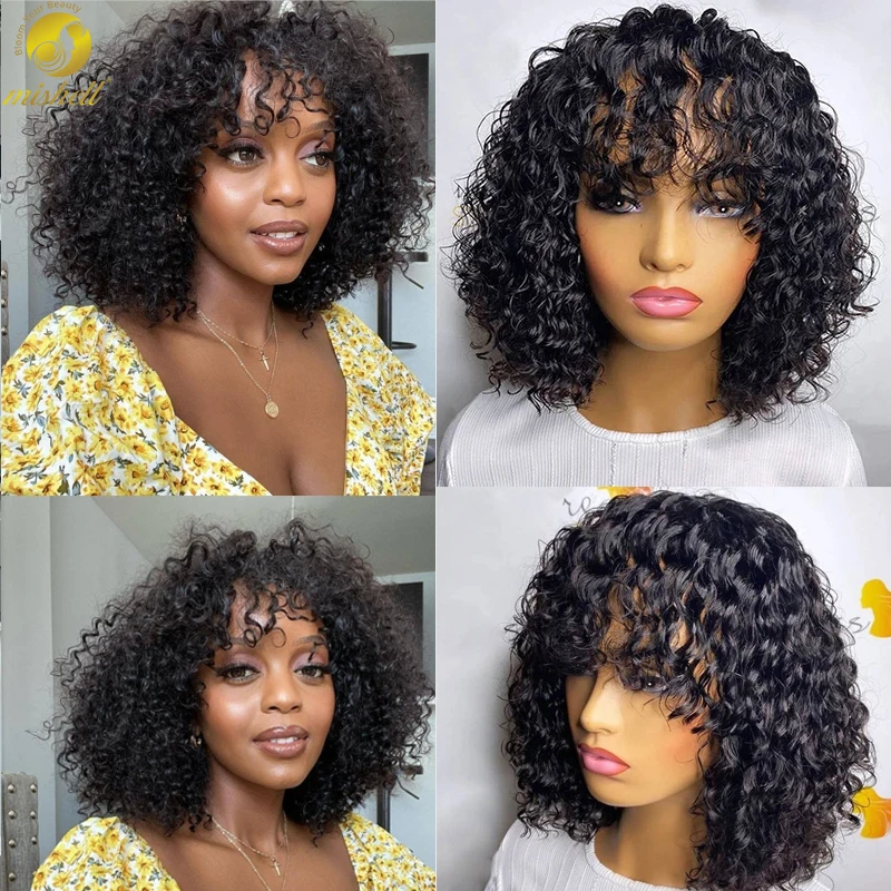 MISHELL Jerry Curly Human Hair Wigs with Bang Full Machine Made Wigs Brazilian Hair Afro Kinky Curly Human Hair Wigs for Women