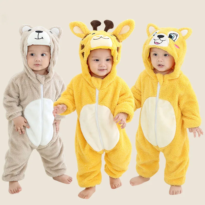 Baby Jumpsuit Kigurumi Bodysuits Fox Giraffe Bear Pajamas Cotton Boy Girls Animal Costume Cartoon Flannel Toddler Rompers 0-2Y | Детская