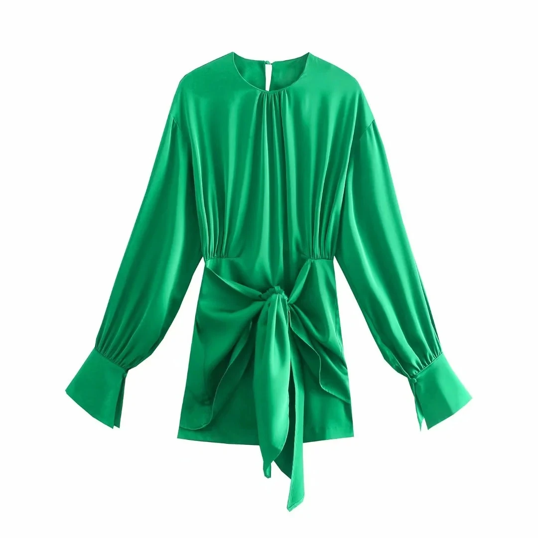 

Za Green Dress Women Satin Dress Woman Elegant Long Sleeve Mini Summer Dress Lady Knot Wrap Evening Short Dresses 2021 XNWMNZ