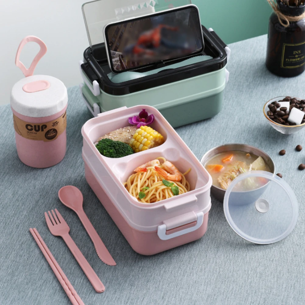 lunch box stainless steel 2 layer leak proof bento box lunch container with phone holder food storage box for kids office worker free global shipping