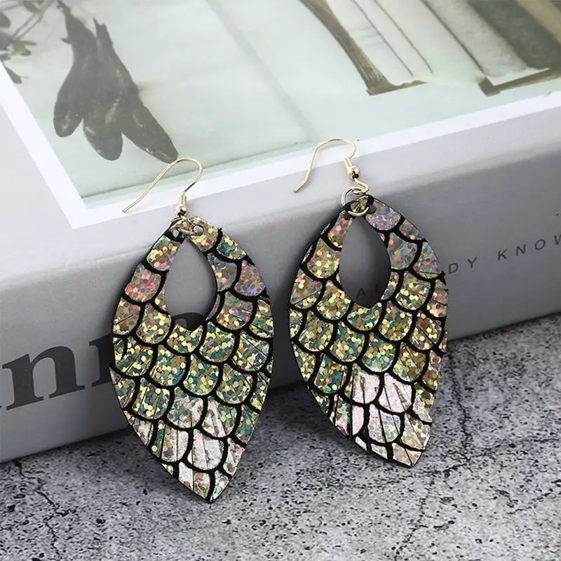 

E7723 ZWPON Laser Mermaid Genuine Leather Leaf Earrings Colorful Statement Earrings Teardrop Leather Earrings Jewelry Christmas