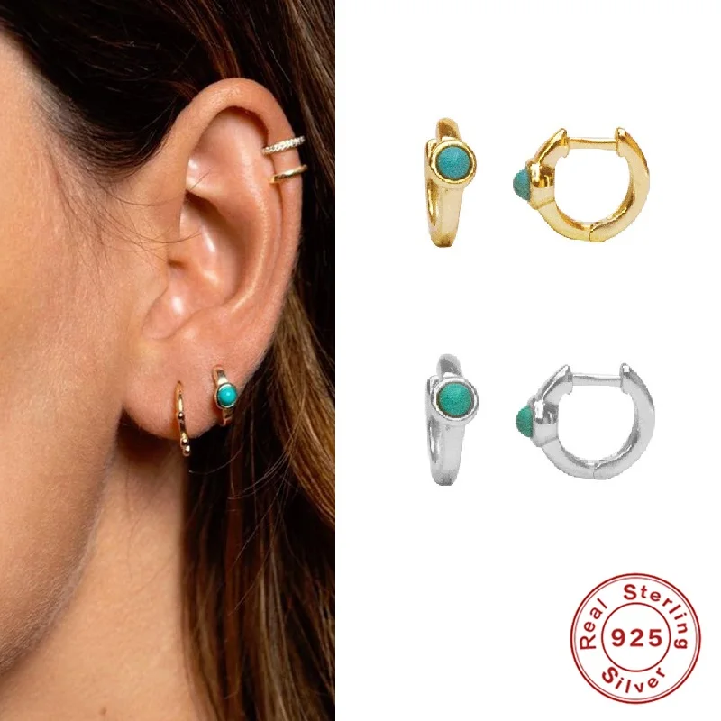 

AIDE 925 Sterling Silver Jewelry Bling Turquoise INS Hoops Earring Bohemia Fine Earrings For Woman Circle Pendientes Brincos