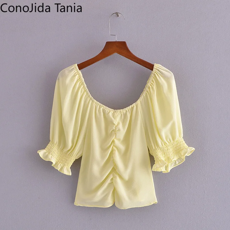 

Summer 2021 Women's New Yellow One-line Neck Puffy Sleeve Pleated Short Slimming Shirt
