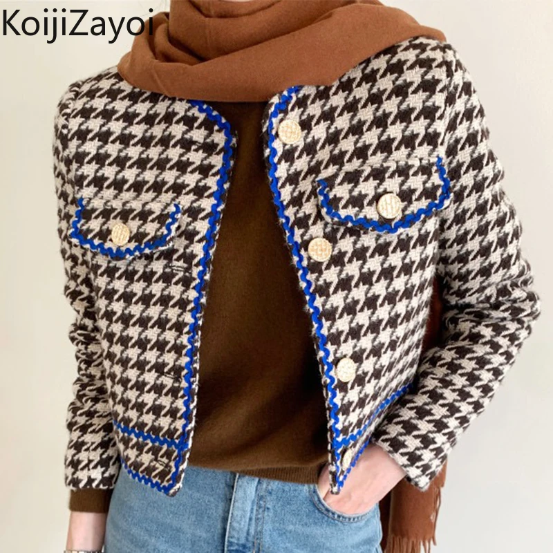 

Koijizayoi Women's Vintage Korean O Neck Tweed Coat Temperament Ladies Patchwork Short Jacket 2022 Autumn Winter Woman Clothes