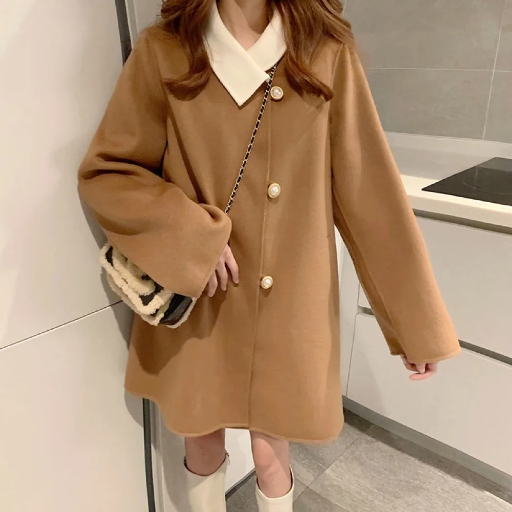 

2020 Winter Women Pearl Button Jacket Coats Solid Long Sleeve Elegant Outerwear Autumn Fashion Sweet Overcoat Oversize Clothes