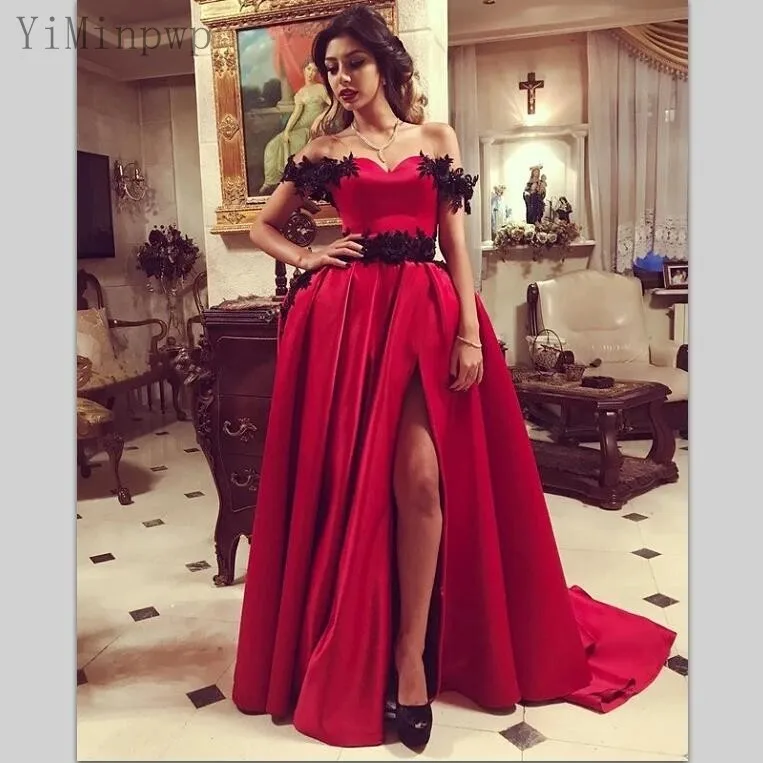 

YiMinpwp Red Evening Dresses for Women Off Shoulder Side Split Sweep Train Black Appliques Long Formal Prom Party Gown vestidos