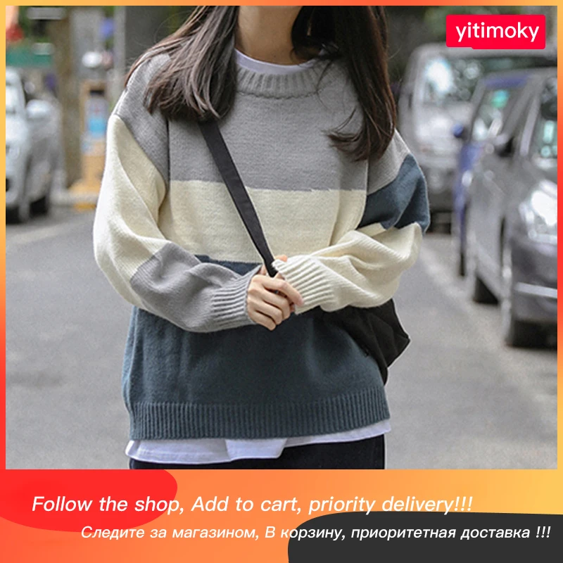 

Женские свитера Yitimoky, свободные пуловеры с соединением, топы в стиле пэчворк на осень и зиму, трикотажные Модные Повседневные свитера с круг...