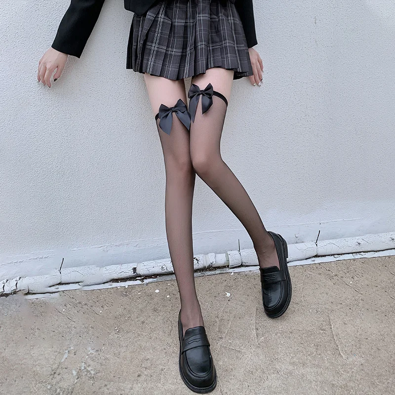 

Lolita Anime Cosplay Hosiery Sexy Thin Transparent Knee High Socks Cute Bow Thigh High Stockings Female Erotic Lingerie