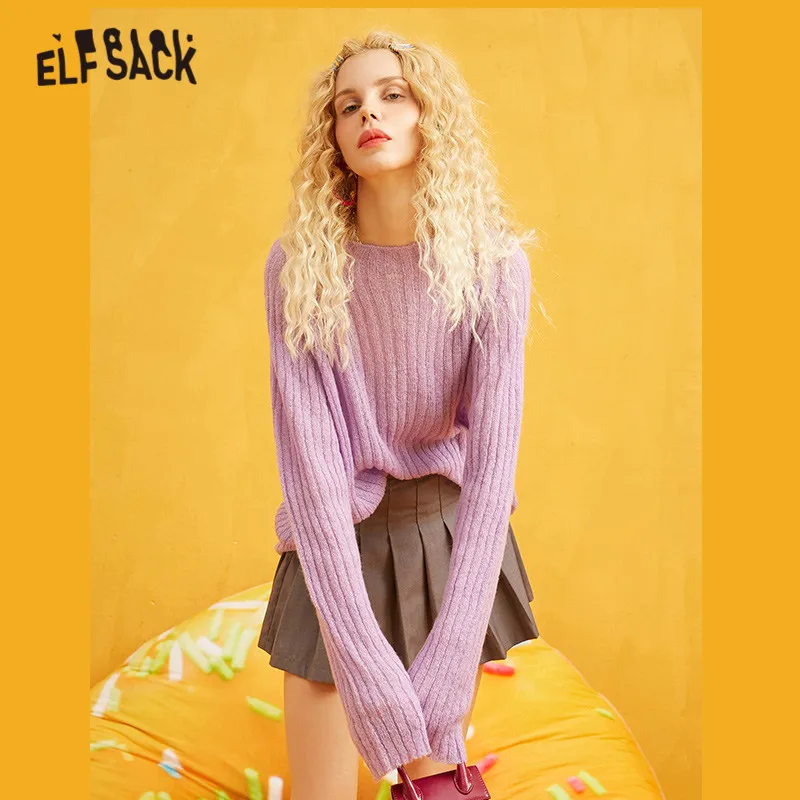 ELFSACK фиолетовый полосатый вязаный свитер для женщин 2019 осень зима серый длинный