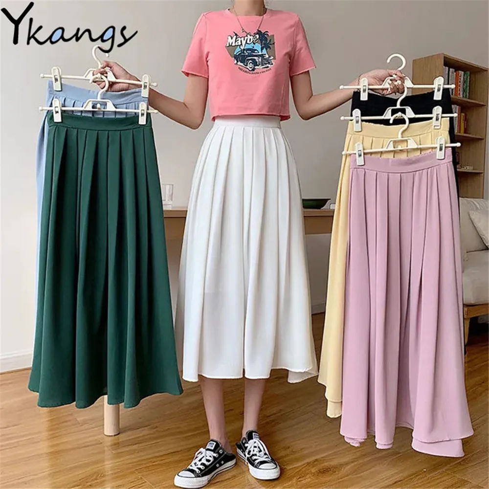 

Japanese Literary Vintage Long Pleated Skirt Women High Waist Solid Color A Line Skirt Student Clean Solid Color White Wild Saia