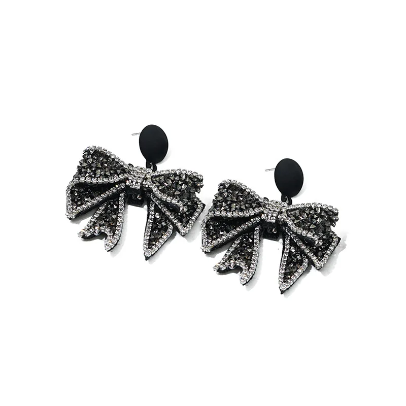 

TIMEONLY Korean Bling Bling Rhinestones Bowknot Earrings for Women Black Tie Bow Drop Earrings Elegant Wedding Party Jewelry