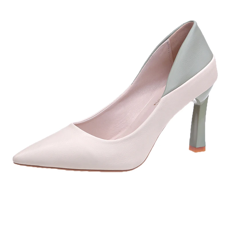 

2020 New Leather Pumps Women Stitching Pointed Toe Footwear Shallow Shoes Female High Heels Shoes Woman Spring U14-41