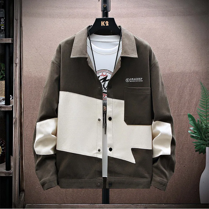

Mens Fashion Oversized Tooling Cotton Jacket Spring/Autumn Style Fat Loose Lapel Trend Jacket Plus Fat Korean All-match Blouse