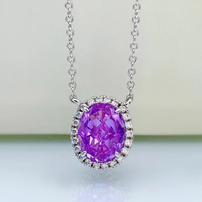 

S925 Sterling Silver Ice Flower Cut Purple High Carbon Diamond 8*10mm Oval Pendant Necklace Jewelry 2021 New