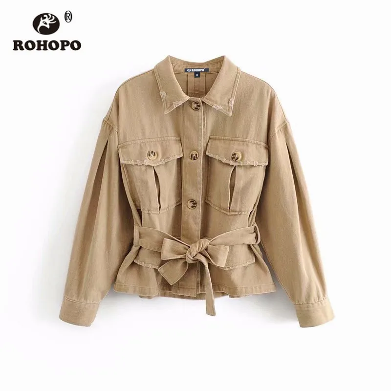 ROHOPO/осенний женский плащ-карго с поясом карманами однотонный хлопковый