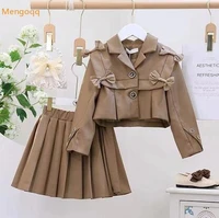 children girls clothes set autumn full sleeve solid bow single breasted top coat suit pleated skirt kids baby 2pcs 2 9y