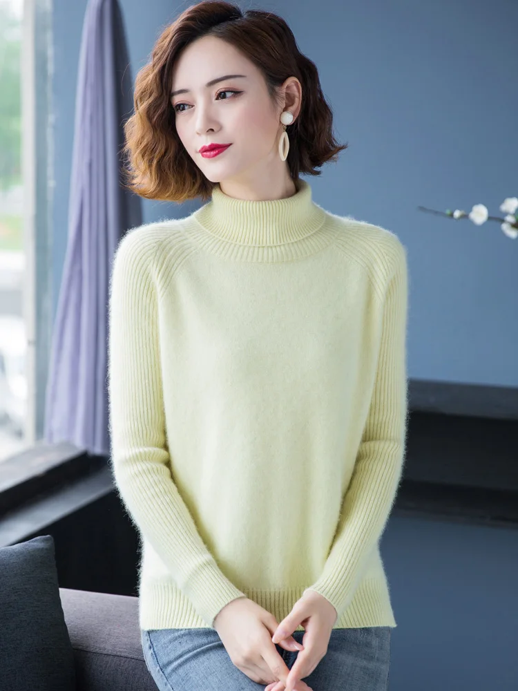 Turtleneck sweater women 2020 autumn winter new casual knitted bottoming shirt women's solid color 100% mink cashmer sweater top