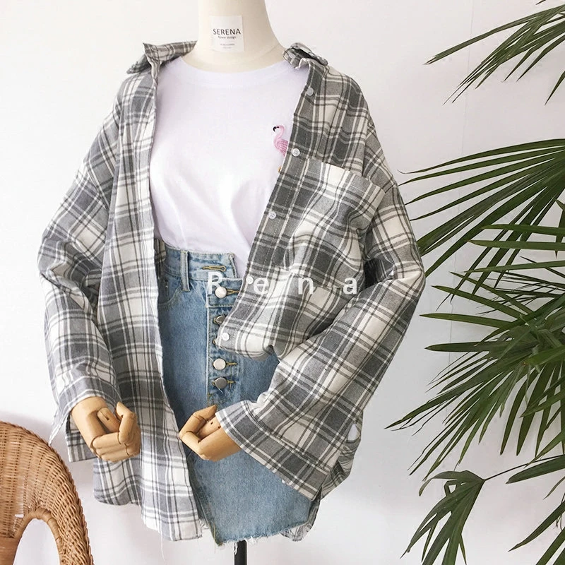 

Просторная серая клетчатая рубашка большого размера, подходящая ко всему, средней длины, с длинным рукавом, женская одежда