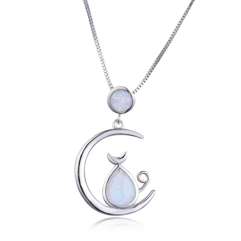 Cute Female Big Cat Moon Pendants Necklaces Silver Color Wedding For Women Boho White Blue Fire Opal Necklace | Украшения и