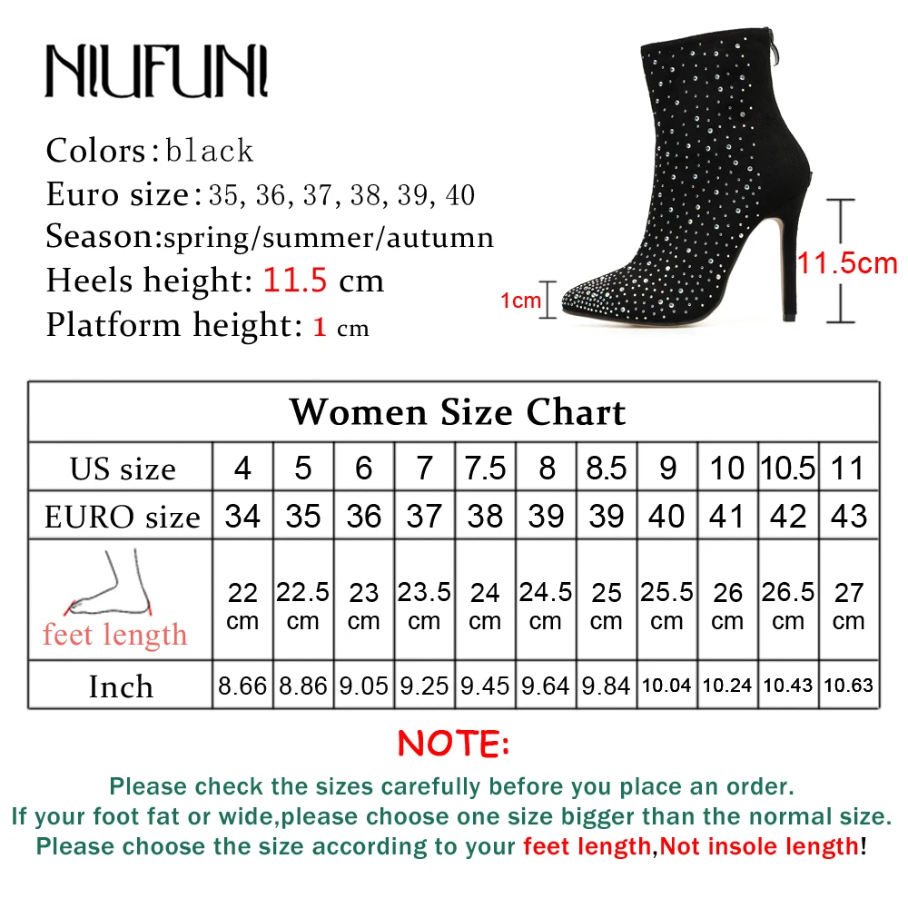 

Womens Boots Pumps Sexy Thin High Heels Rhinestone Pointed Toe Ankle Boots Autumn Female Shoes Black Short Botas Plus Size 42