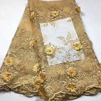 gold 3d beads lace fabric 2021 high quality mesh embroidery applique 3d flower tulle nigerian lace fabrics for bridal m31582