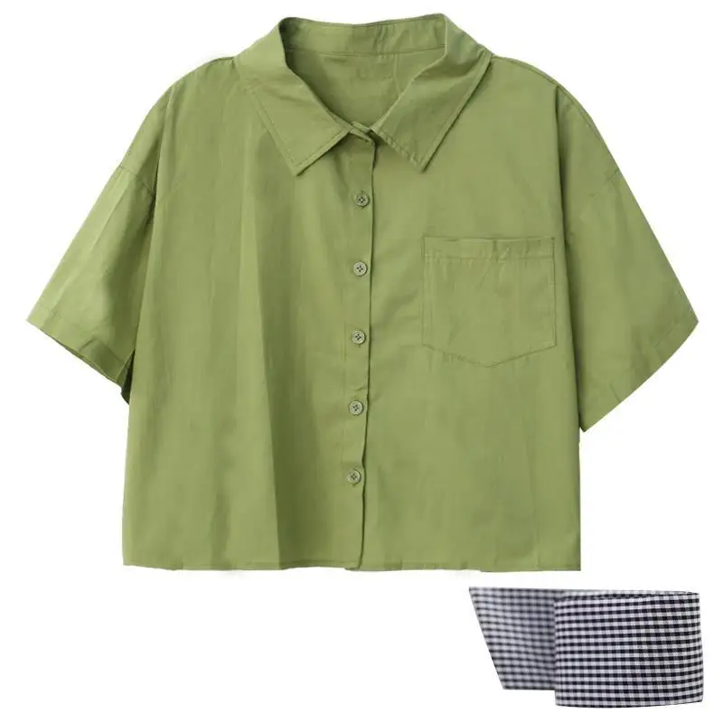 

2021 Summer Korean Loose Wild Short-sleeve Shirt Female Turn Down Collar Vintage Shirt Women and Blouse Blusa Send Tie Y523