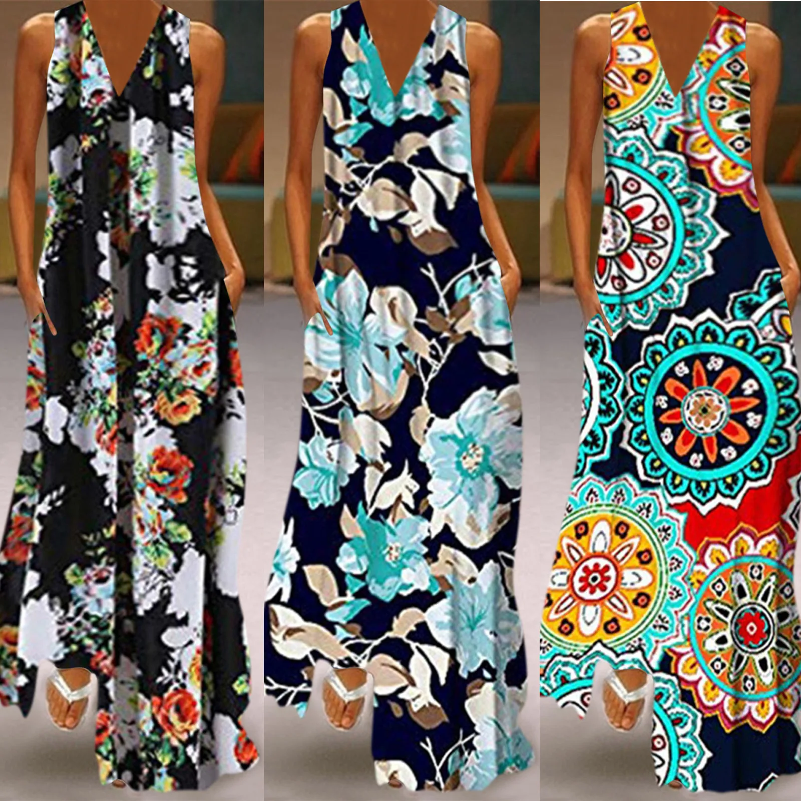 

Summer Casual Tank Dresses Women Sleeveless Print V-neck Maxi Dress Fashion Female Party Cami Dress with Pockets#35