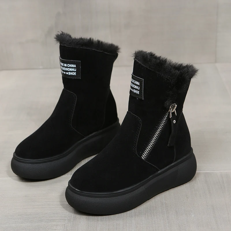 

Plush Snow Boots Keep Warm Add Cotton Short Boots Flat Women Boots Random Side Zipper Increase Bold Cotton Shoes Fashion The New