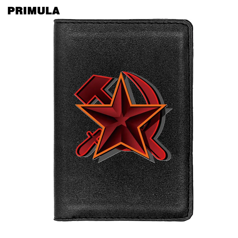 

Classic USSR Red Sickle Hammer Printing Passport Cover Holder ID Credit Card Case Travel Brown Leather Passport Wallet