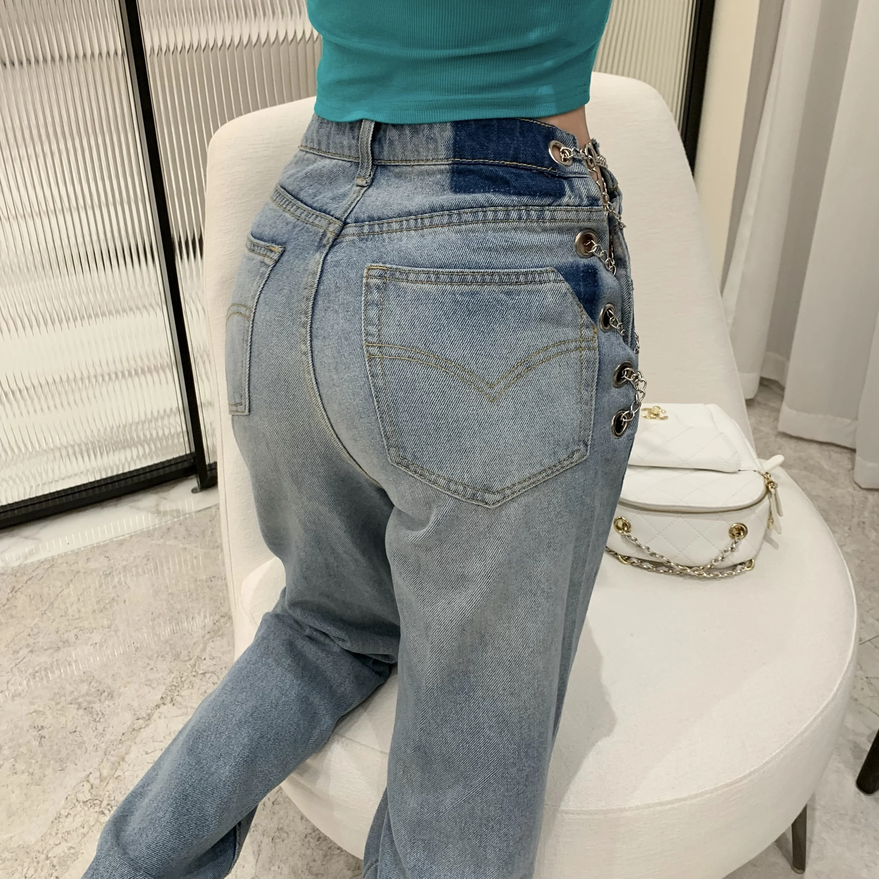 

New Spring Fashion Sexy Chain Jeans Female High Waist Straight Pants Femme High Street Women Denim Pants Mujer