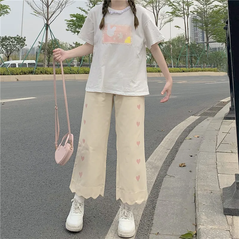 

Harajpoo Women Pants Japanese High Waisted Casual Wide Leg Thin Summer Streetwear Pink Love Loose Straight Cropped Trousers