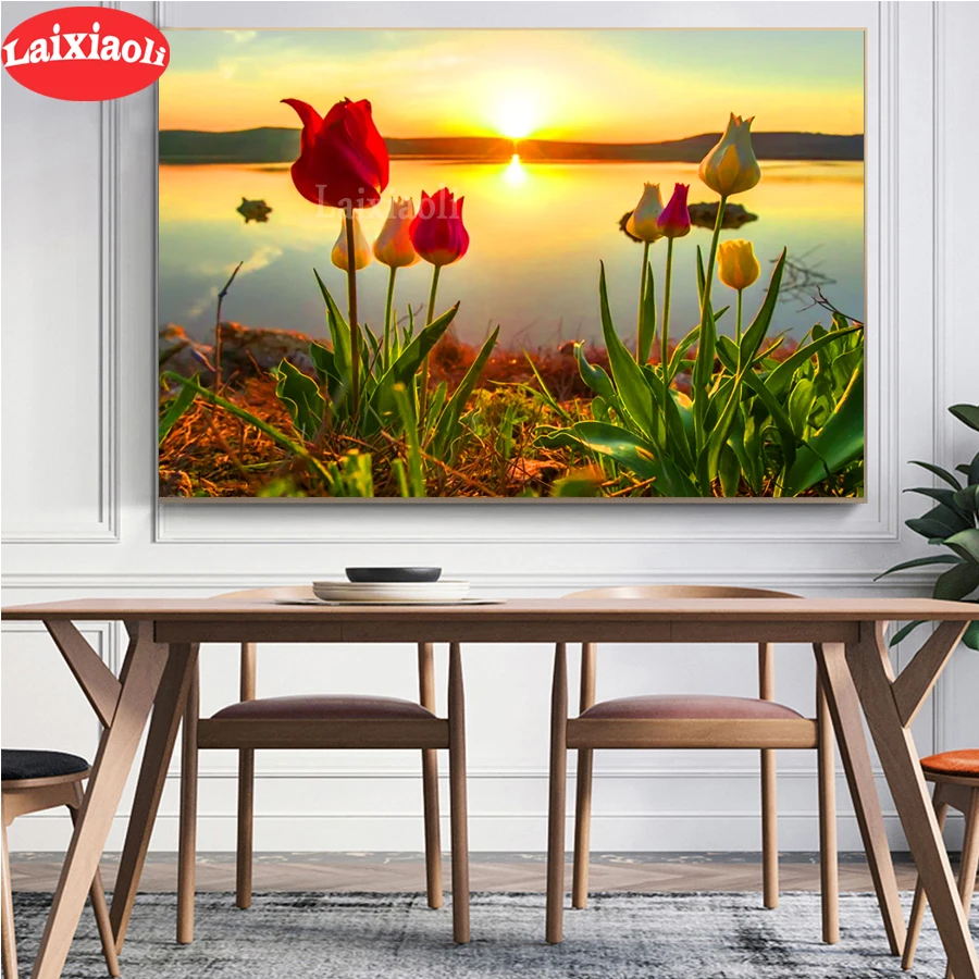 

Алмазная мозаика 5 d, природный пейзаж для гостиной, домашний декор, алмазная вышивка, мозаика, закат, озеро, цветочная живопись