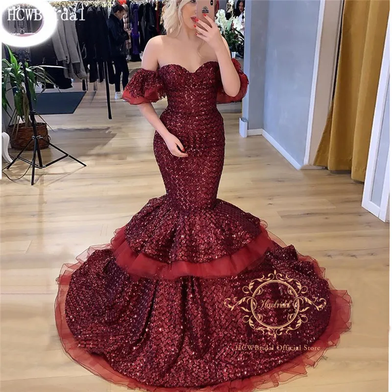 

Sparkly Burgundy Saudi Arabic Mermaid Evening Dress Sweetheart Off The Shoulder Tiered Long Special Occasion Dresses For Women