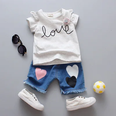 kids girls summer clothing set little outfits for children clothes fashion cotton t-shirt+denim shorts 2pcs | Мать и ребенок