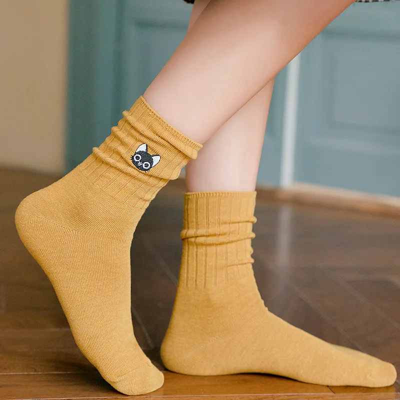 2020 New Cartoon Embroidery Cat Socks Women Harajuku Soft Breathable Cotton Cute Kitten Literary Casual Funny &amp Hosiery | Женская
