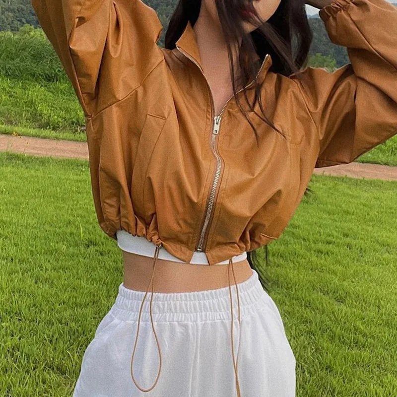 

Leather Jackets 2021 New Black Short Moto Bikers Jacket Women Long Sleeved Zipper Spring Autumn Outerwear Leather Coats