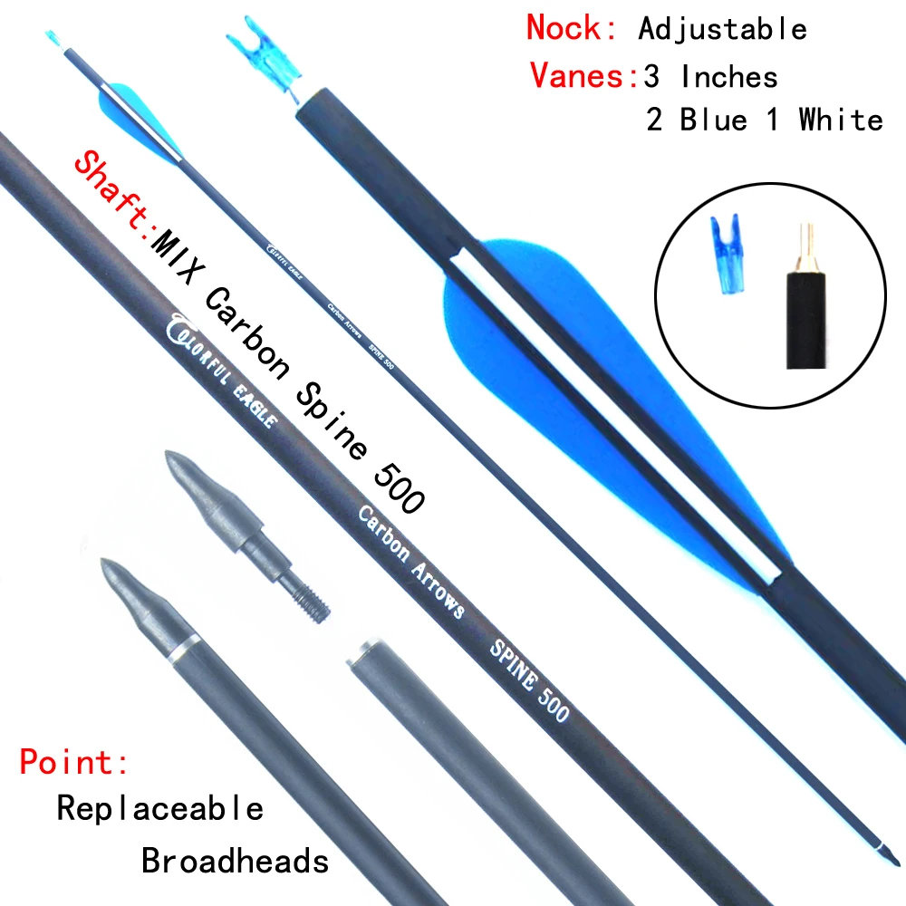 Стрелы из лука карбоновые стрелы со сменным наконечником 500 голубые и белые перья