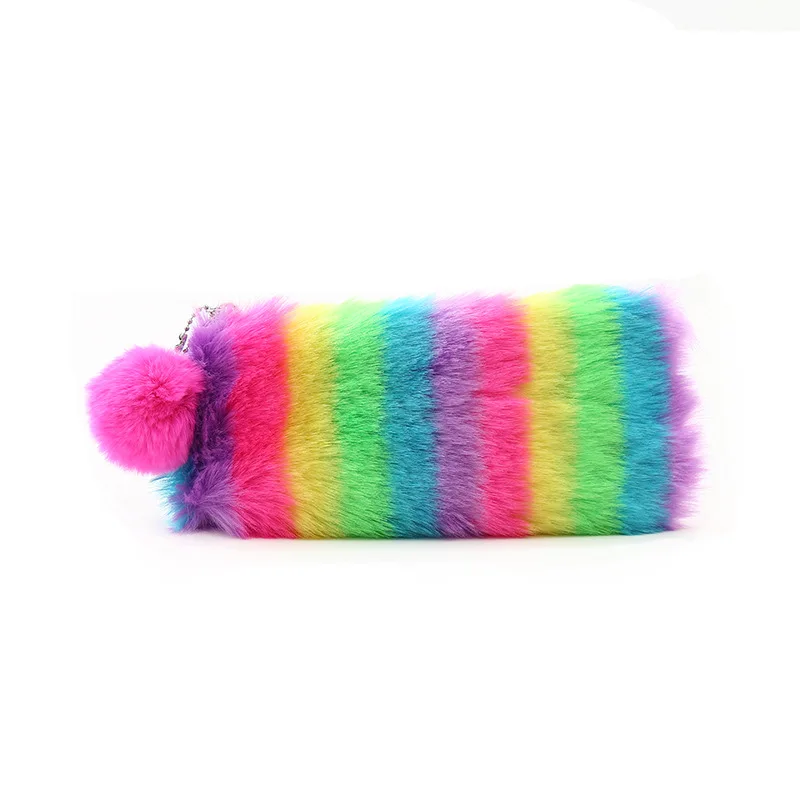 Rainbow 1 Многоцветная Радужная сумка для макияжа для женщин для девочек школьный пенал кроличий мех мяч косметическое хранение помпон кожаный мини-кошелек - Цвет: Rainbow 1