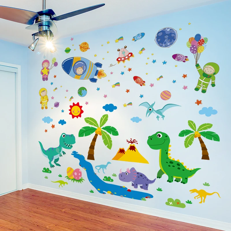 

[shijuekongjian] Dinosaur Animals Wall Stickers DIY Astronaut Rockets Planets Wall Decals for Kids Room Baby Bedroom Decoration