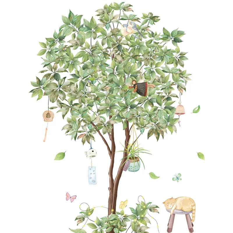 

Green Tree Wind Chime Wall Sticker Cat Cartoon Wallpaper Living Room Bedroom Decoration Self-adhesive Poster