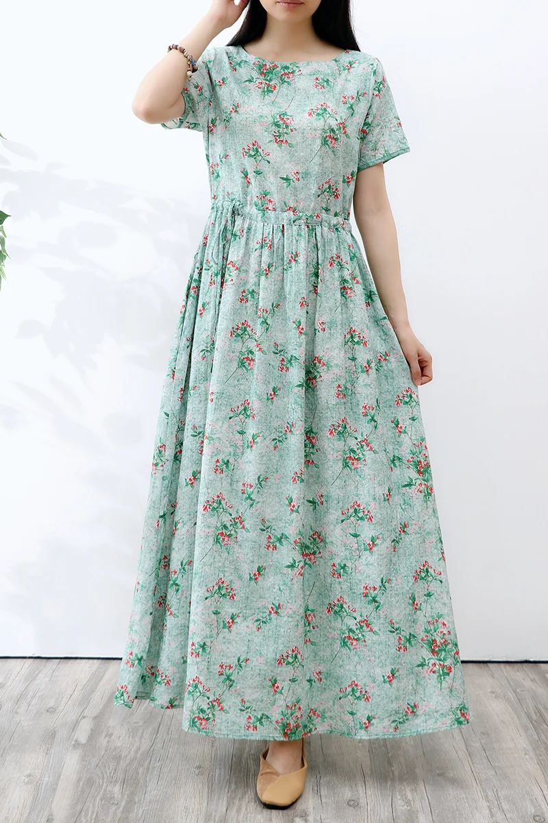 

Maxi Dresses For Women Spring Summer Korean Fashion Floral Print Cotton Linen Long Dress Casual Plus Size Pink/Blue/Green Dress
