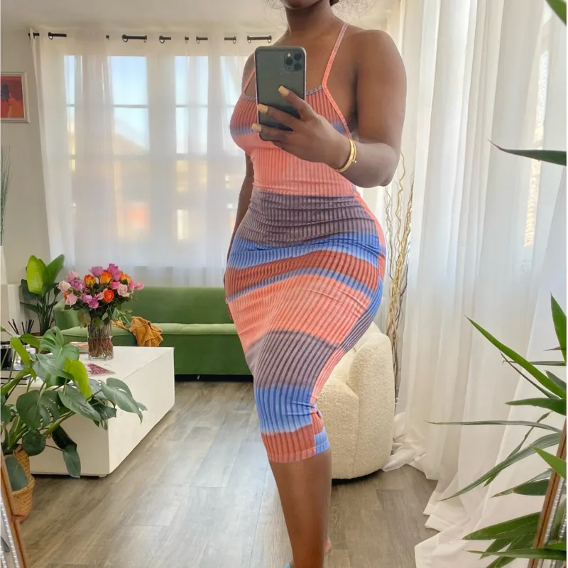 

Halter Backless Striped Colorful Bodycon Dress Clubwear Ribbed Knit Sexy Party Wear Casual Backless Dresses
