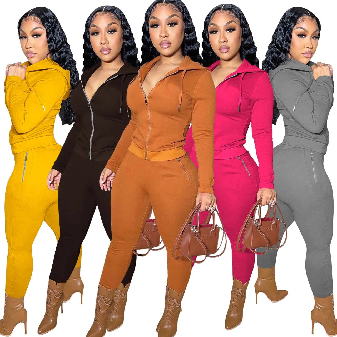 

Casual Autumn Two Piece Set Woman Hooded Zipper Long Sleeve Jacket And Pants Set Fitness Sweatsuit Jogging Femme Tracksuit