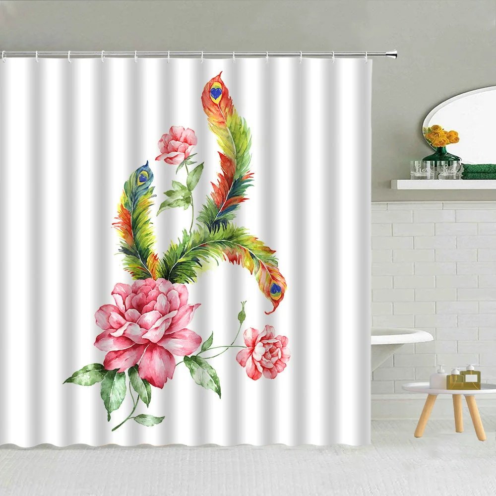 

Белый фон Цветочная занавеска для душа павлины перо Листья красный пион цветок красочный весенний пейзаж Декор для ванной s