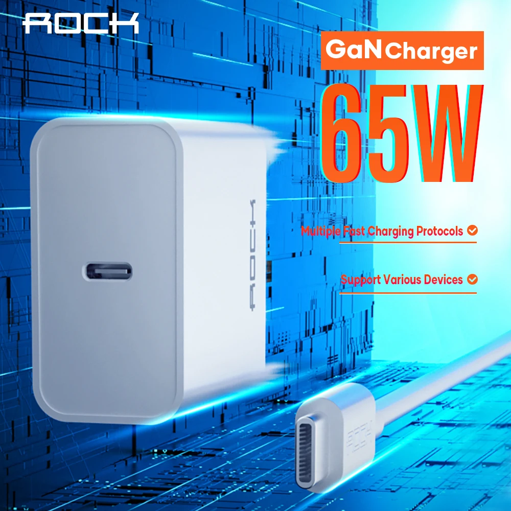 Зарядное устройство ROCK GaN 65 Вт быстрая зарядка PD3.0 PPS QC3.0 FCP для MacBook Air iPad iPhone 12 Pro Max