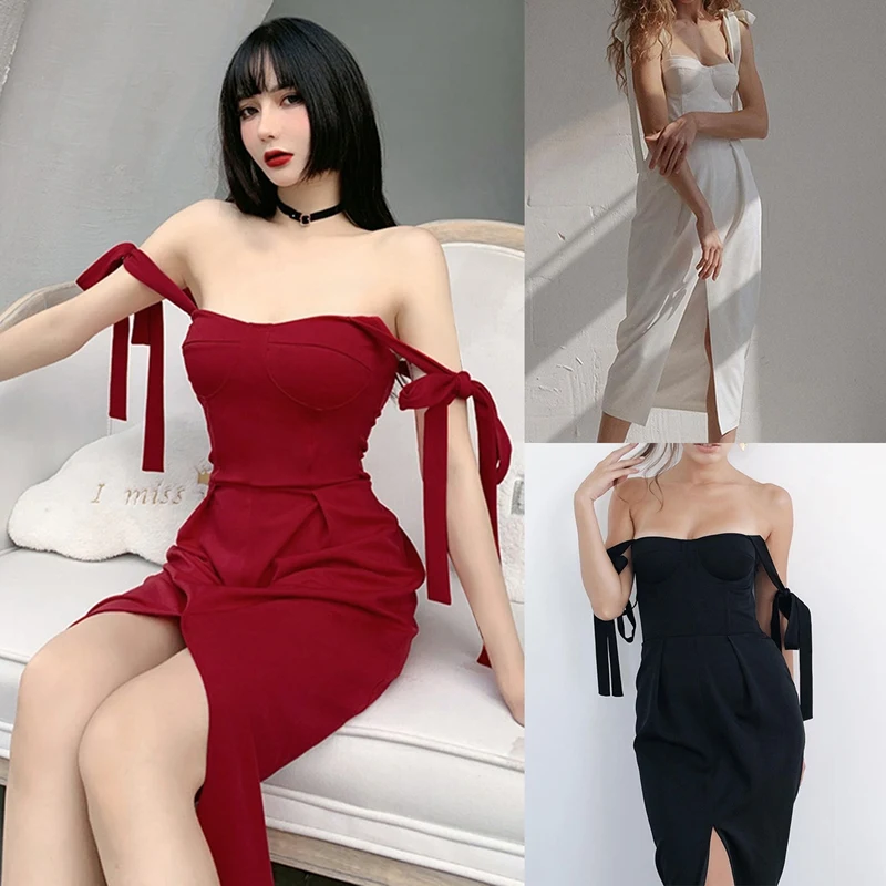 

Hot kf-Women's Sexy Wrapped Chest Sling Dress Tied Strap Split Skirt